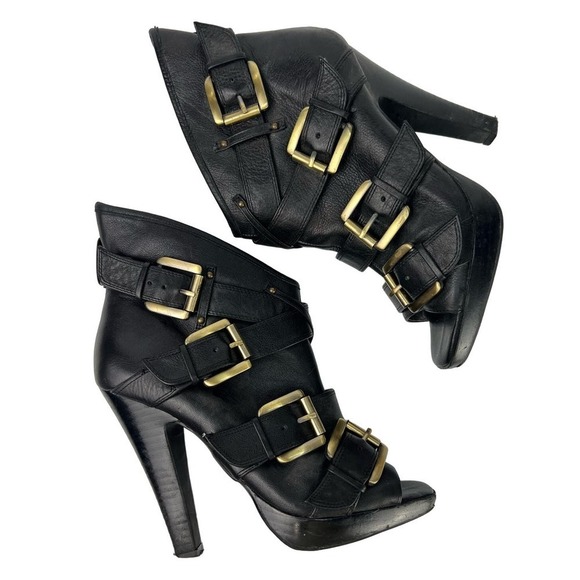 ALDO Womens Black Leather Buckle Open Toe Platform Booties Stiletto Heels 38/7.5 - Picture 1 of 9